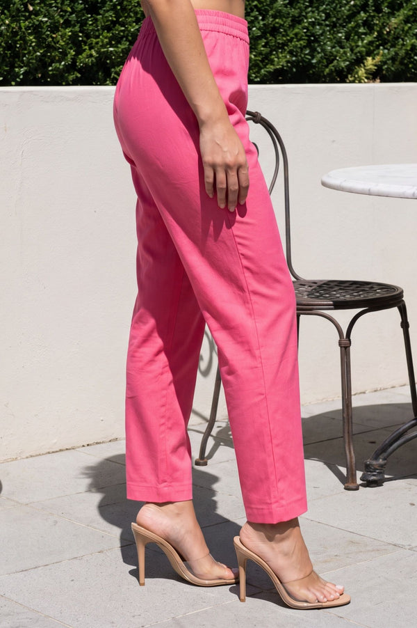 Pink Solid Cotton Flax Straight Fit Pants