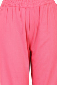 Pink Solid Cotton Flax Straight Fit Pants