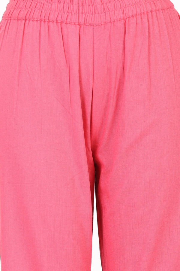 Pink Solid Cotton Flax Straight Fit Pants