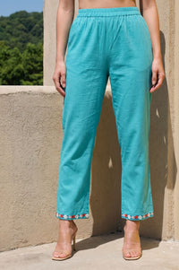 Turquoise Blue Embroidered Cotton Flax Straight Pants