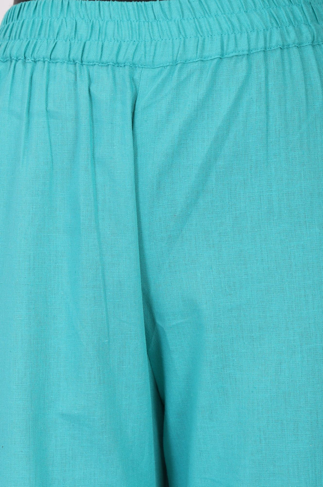 Turquoise Blue Embroidered Cotton Flax Straight Pants