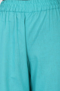 Turquoise Blue Embroidered Cotton Flax Straight Pants