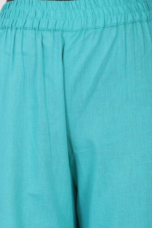 Turquoise Blue Embroidered Cotton Flax Straight Pants