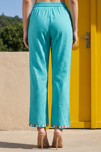 Turquoise Blue Embroidered Cotton Flax Straight Pants