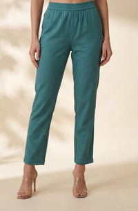 Teal Solid Pure Cotton Ankle Length Mid Rise Trousers