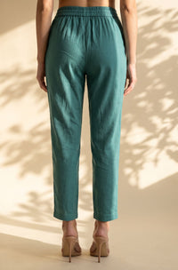 Teal Solid Pure Cotton Ankle Length Mid Rise Trousers