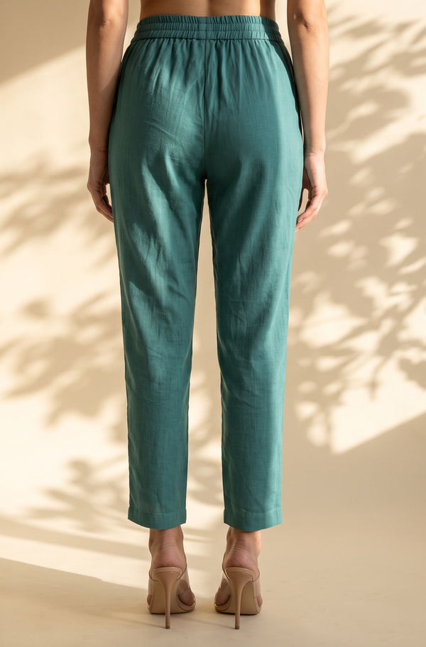 Teal Solid Pure Cotton Ankle Length Mid Rise Trousers