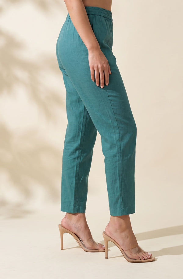 Teal Solid Pure Cotton Ankle Length Mid Rise Trousers