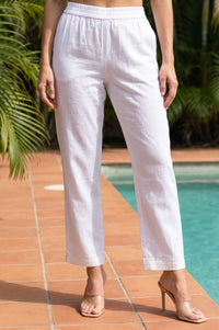 White Thread Embroidered Pure Cotton Straight Fit Ankle Length Mid Rise Trousers