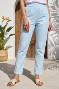 Light Blue Pure Cotton Ankle Length Mid Rise Trousers