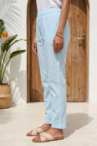 Light Blue Pure Cotton Ankle Length Mid Rise Trousers
