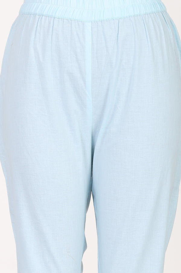 Light Blue Pure Cotton Ankle Length Mid Rise Trousers
