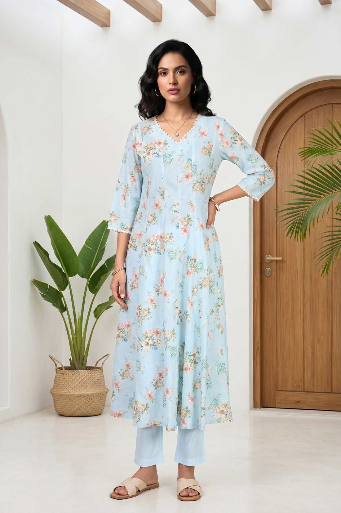 Light Blue Pure Cotton Ankle Length Mid Rise Trousers
