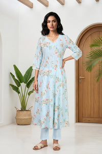 Light Blue Pure Cotton Ankle Length Mid Rise Trousers