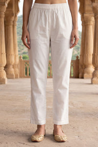 White Solid Pure Cotton Straight Fit Ankle Length Mid Rise Trousers