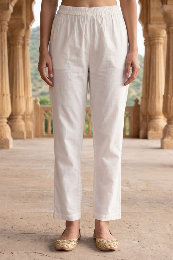 White Solid Pure Cotton Straight Fit Ankle Length Mid Rise Trousers
