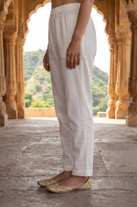 White Solid Pure Cotton Straight Fit Ankle Length Mid Rise Trousers