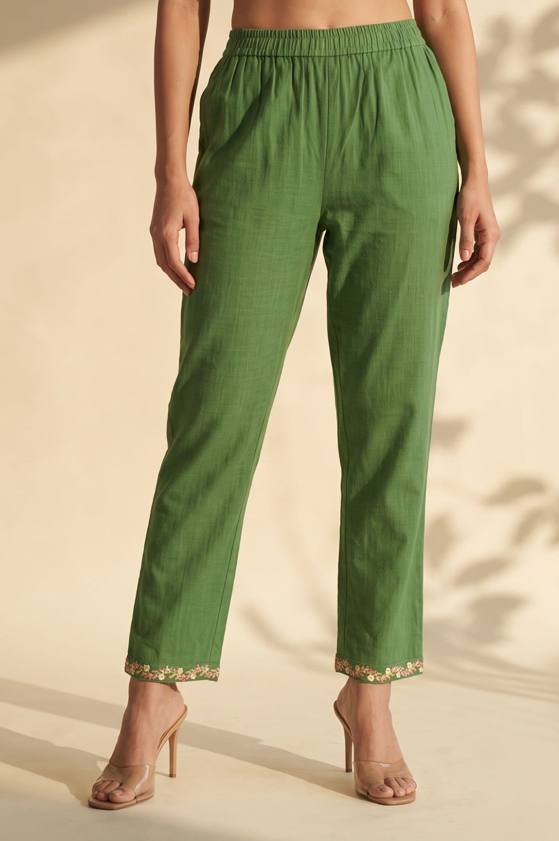 Green Thread Embroidered Pure Cotton Straight Fit Ankle Length Trousers