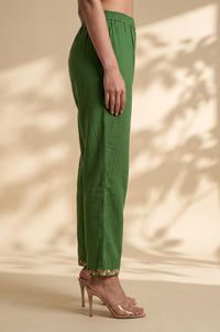 Green Thread Embroidered Pure Cotton Straight Fit Ankle Length Trousers