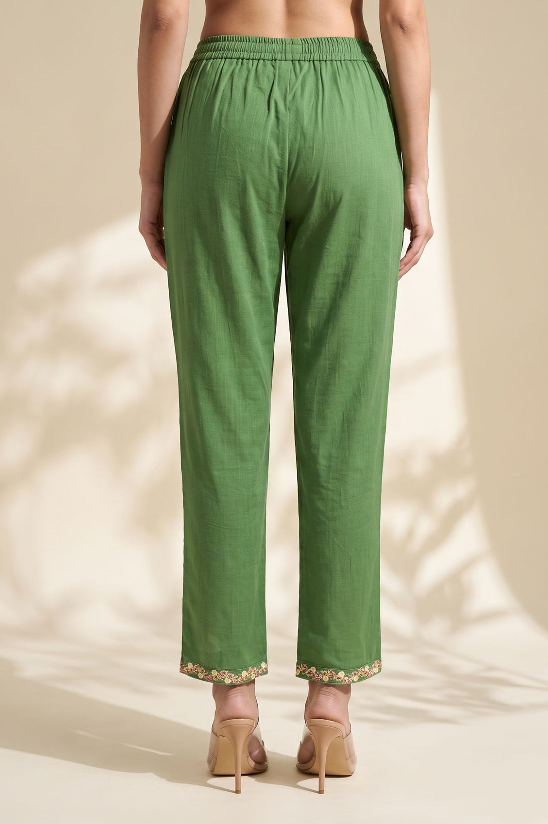 Green Thread Embroidered Pure Cotton Straight Fit Ankle Length Trousers