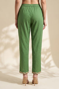 Green Thread Embroidered Pure Cotton Straight Fit Ankle Length Trousers
