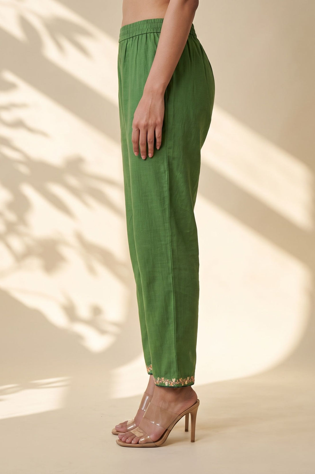 Green Thread Embroidered Pure Cotton Straight Fit Ankle Length Trousers