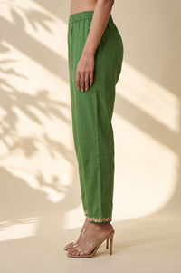Green Thread Embroidered Pure Cotton Straight Fit Ankle Length Trousers
