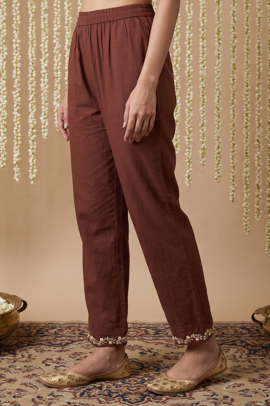 Brown Embroidered Pure Cotton Straight Fit Ankle Length Trousers