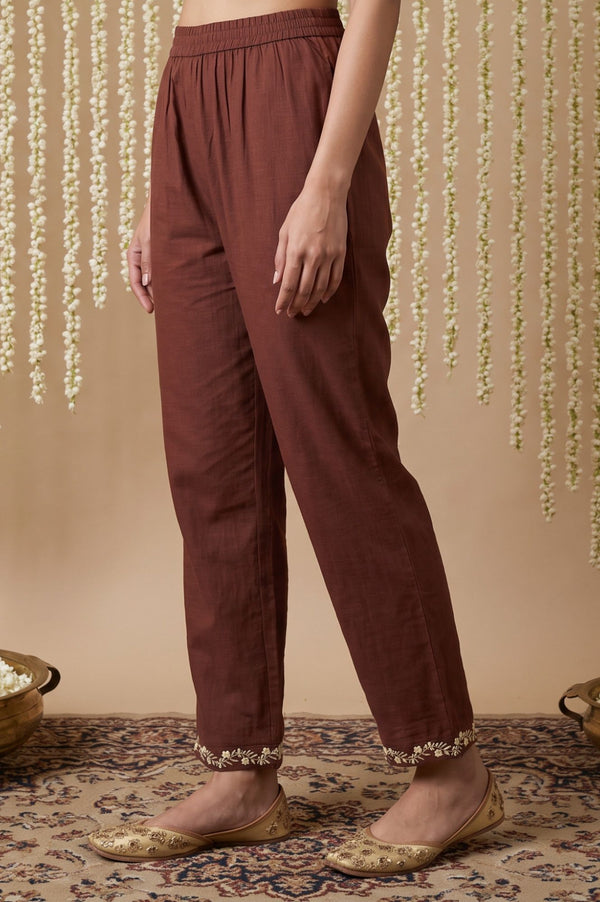 Brown Embroidered Pure Cotton Straight Fit Ankle Length Trousers