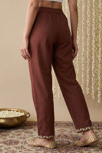 Brown Embroidered Pure Cotton Straight Fit Ankle Length Trousers