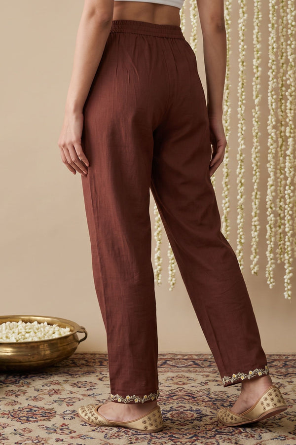Brown Embroidered Pure Cotton Straight Fit Ankle Length Trousers