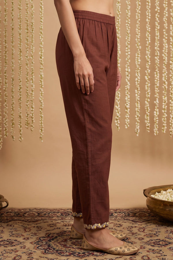 Brown Embroidered Pure Cotton Straight Fit Ankle Length Trousers