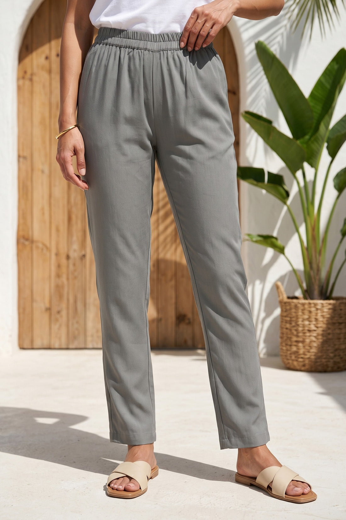 Grey Mid Rise Ankle Length Straight Fit Trousers