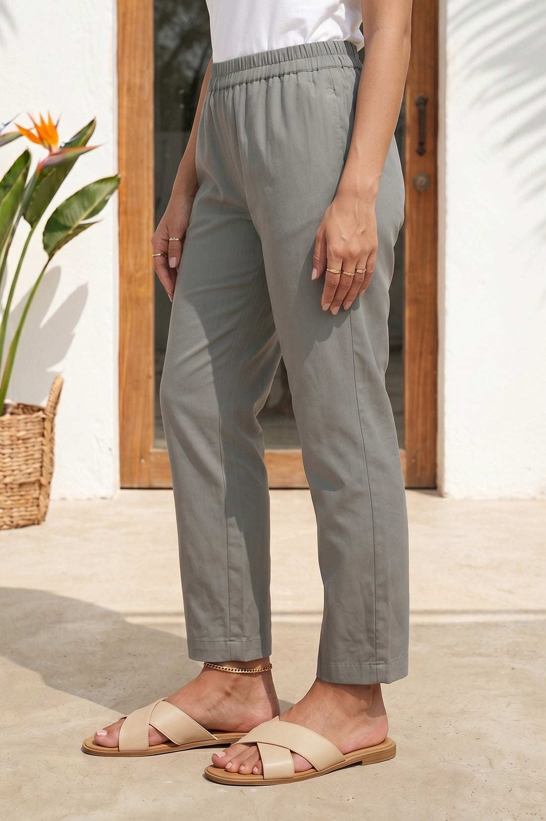 Grey Mid Rise Ankle Length Straight Fit Trousers