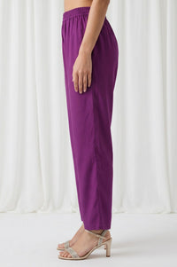 Purple Solid Buttons Rayon Straight Fit Ankle Length Mid Rise Trousers