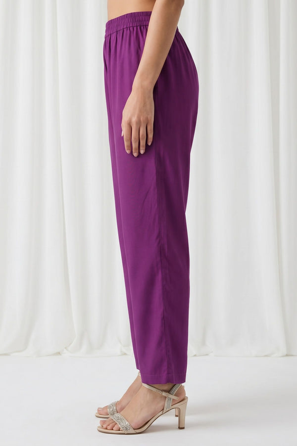 Purple Solid Buttons Rayon Straight Fit Ankle Length Mid Rise Trousers
