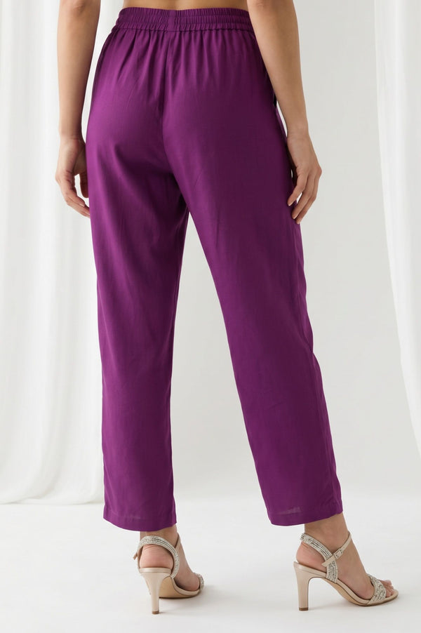 Purple Solid Buttons Rayon Straight Fit Ankle Length Mid Rise Trousers