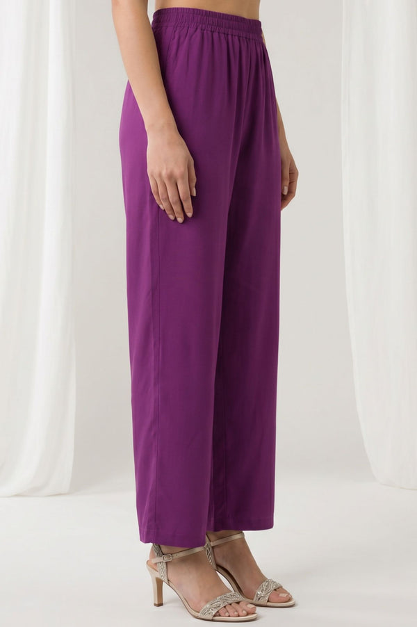 Purple Solid Buttons Rayon Straight Fit Ankle Length Mid Rise Trousers