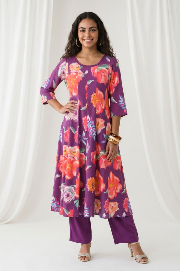 Purple Solid Buttons Rayon Straight Fit Ankle Length Mid Rise Trousers