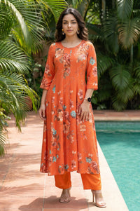 Orange Thread Embroidered Rayon Straight Fit Ankle Length Mid Rise Trousers