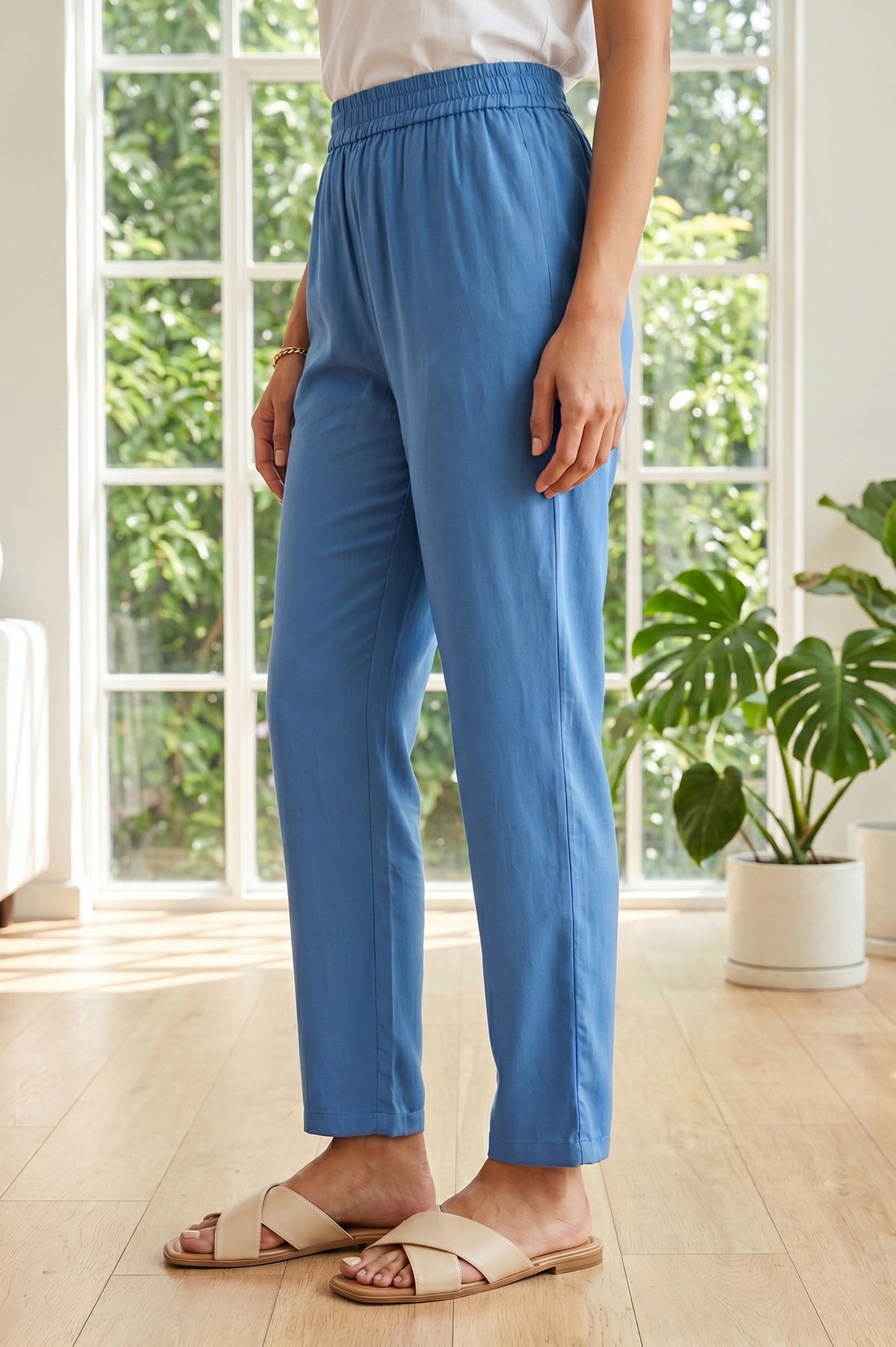 Blue Ankle Length Rayon Straight Trousers