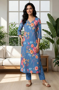 Blue Ankle Length Rayon Straight Trousers