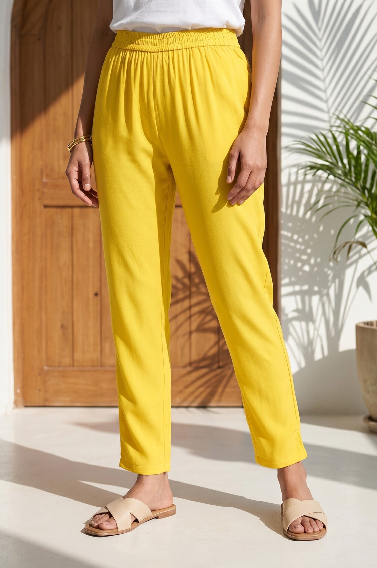 Yellow Ankle Length Rayon Straight Trousers - XS