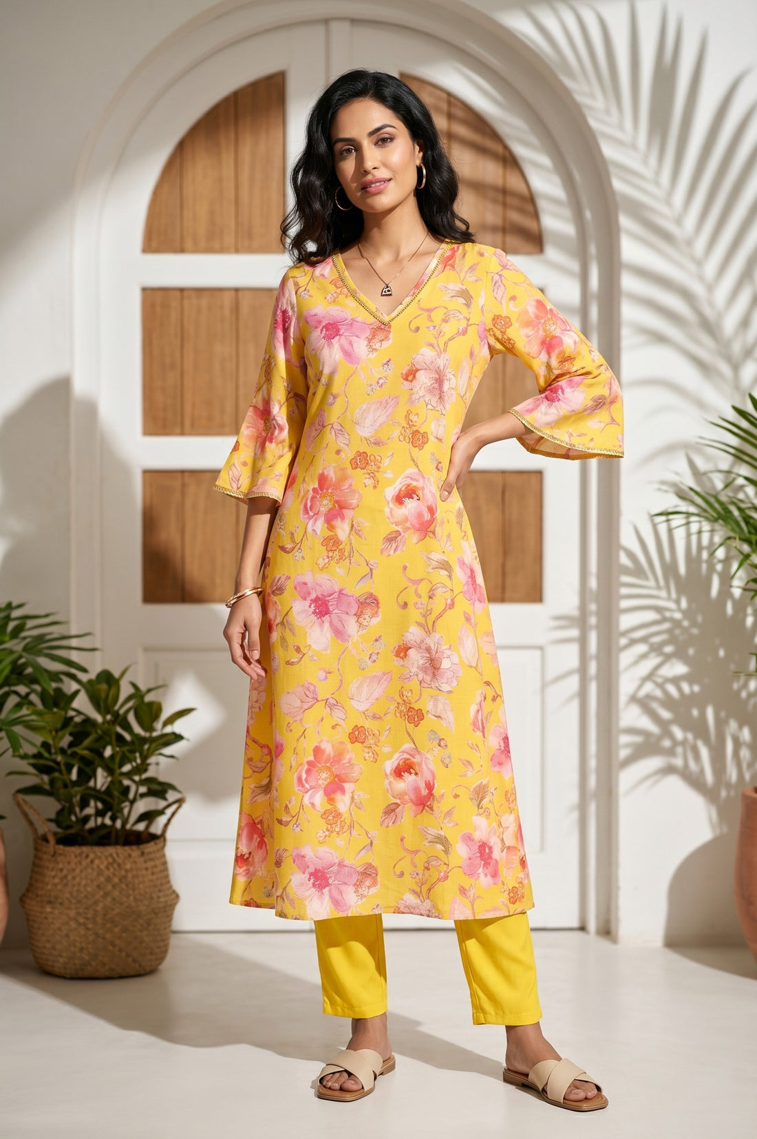 Yellow Ankle Length Rayon Straight Trousers