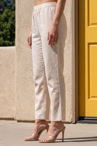 Off-White Solid Cotton Flax Straight Fit Ankle Length High Rise Pants