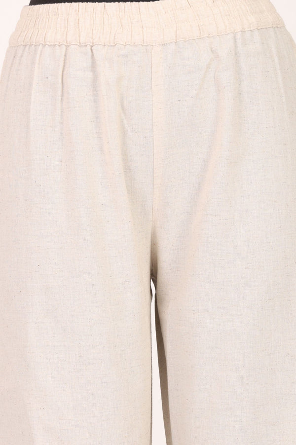 Off-White Solid Cotton Flax Straight Fit Ankle Length High Rise Pants
