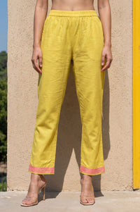 Yellow Thread Embroidered Cotton Flax Straight Pants