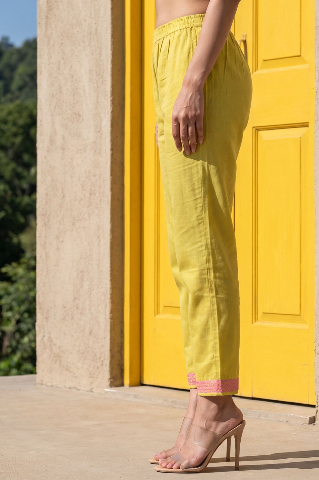 Yellow Thread Embroidered Cotton Flax Straight Pants