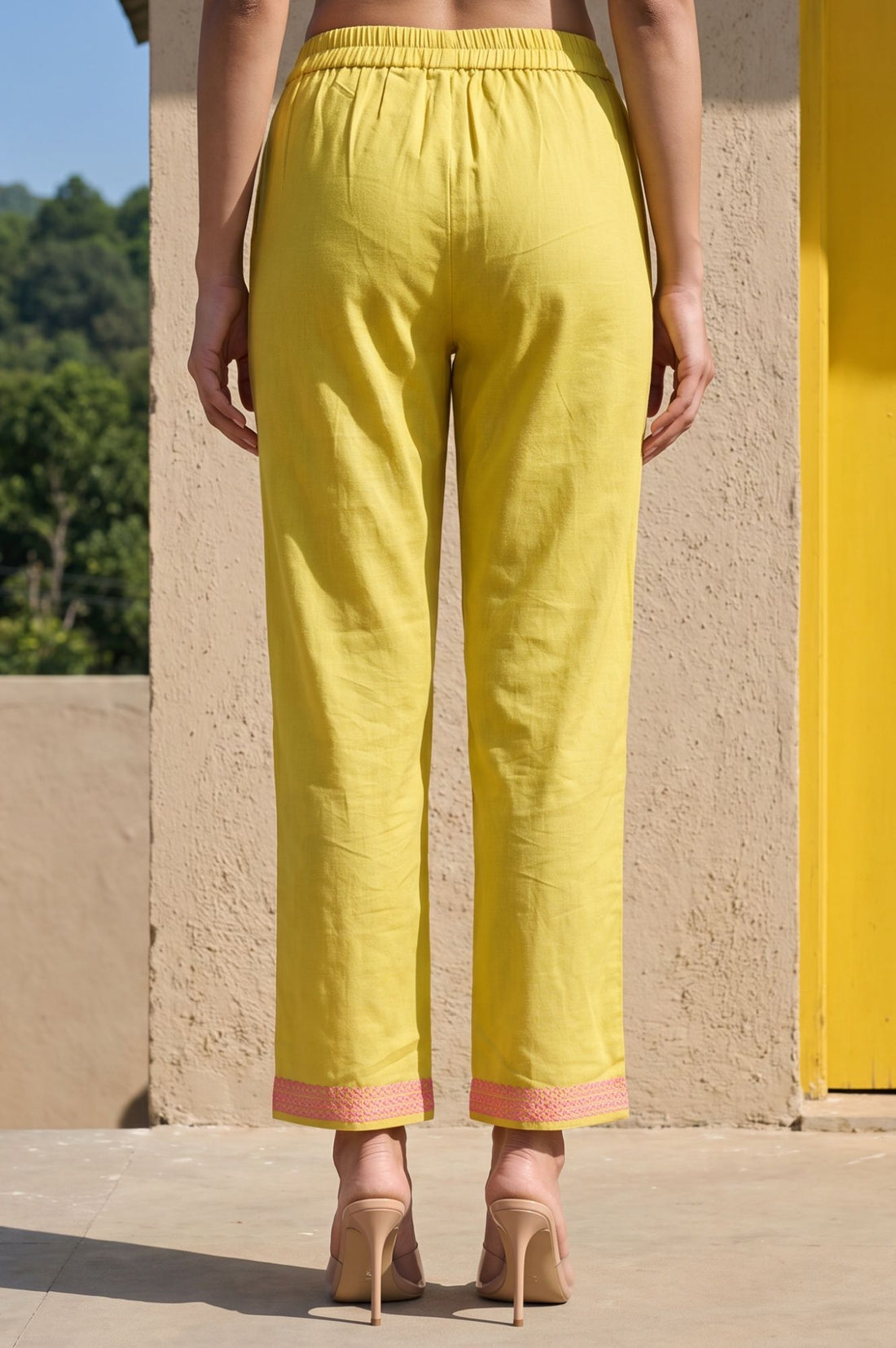 Yellow Thread Embroidered Cotton Flax Straight Pants