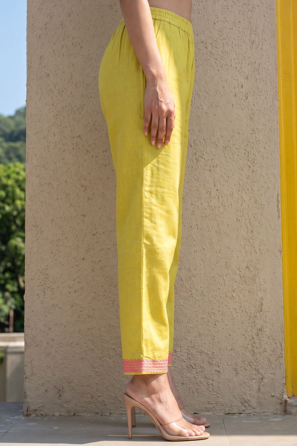 Yellow Thread Embroidered Cotton Flax Straight Pants